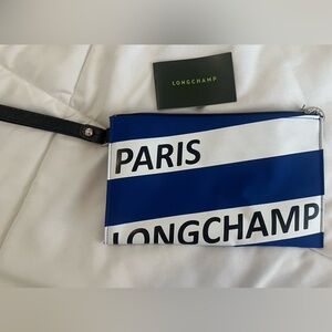 Longchamp Blue and White Striped Paris Pouch